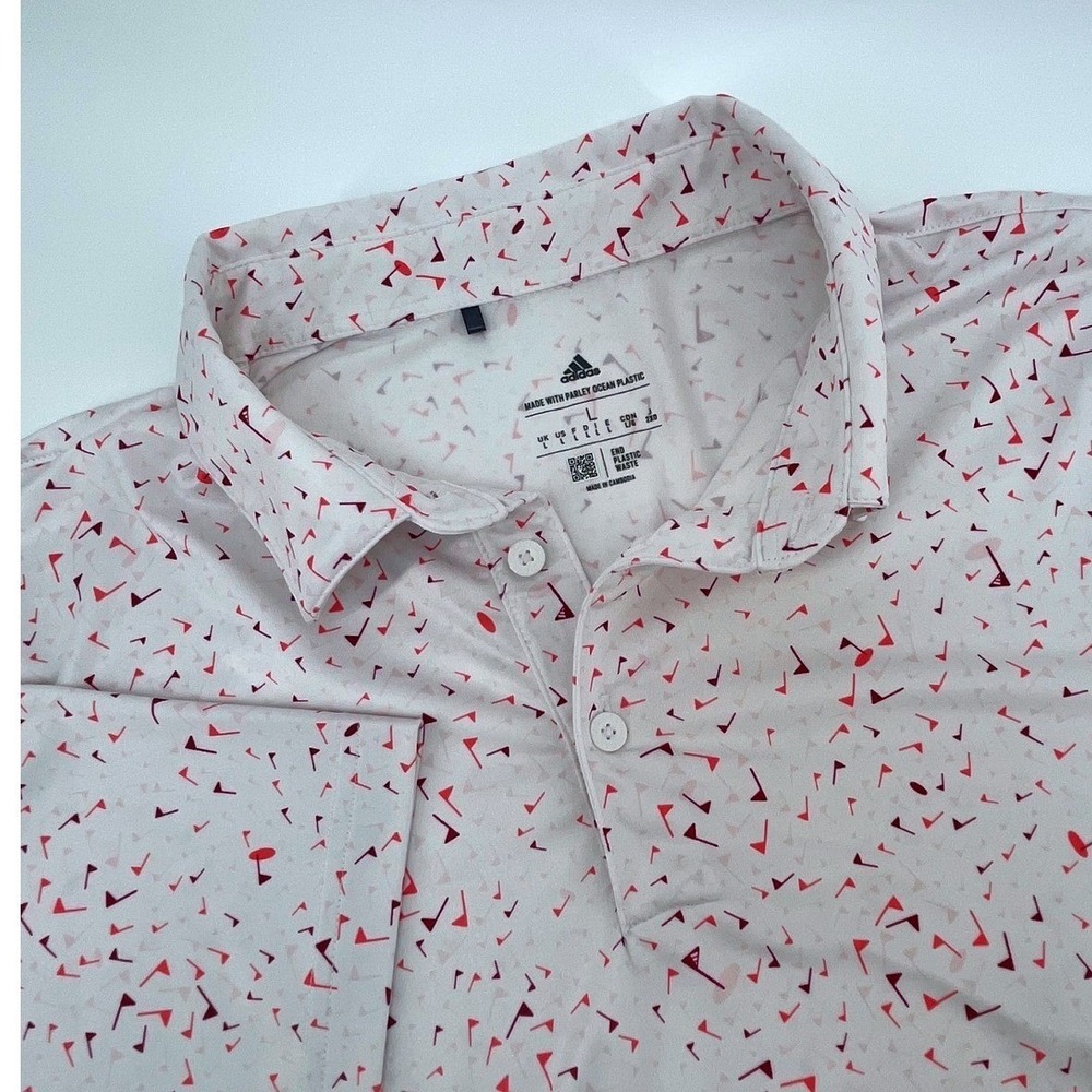 Adidas Golf Polo Mens Large White Good Parley Ocean Plastic Flag Print Shirt